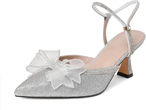 Joseywade Rhinestone Bow Heels Women Pointed Toe Low Heels Pumps Adjustable Ankle Strap Wedding Bridal Shoes
