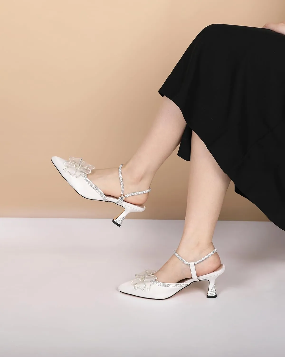 Joseywade Rhinestone Bow Heels Women Pointed Toe Low Heels Pumps Adjustable Ankle Strap Wedding Bridal Shoes