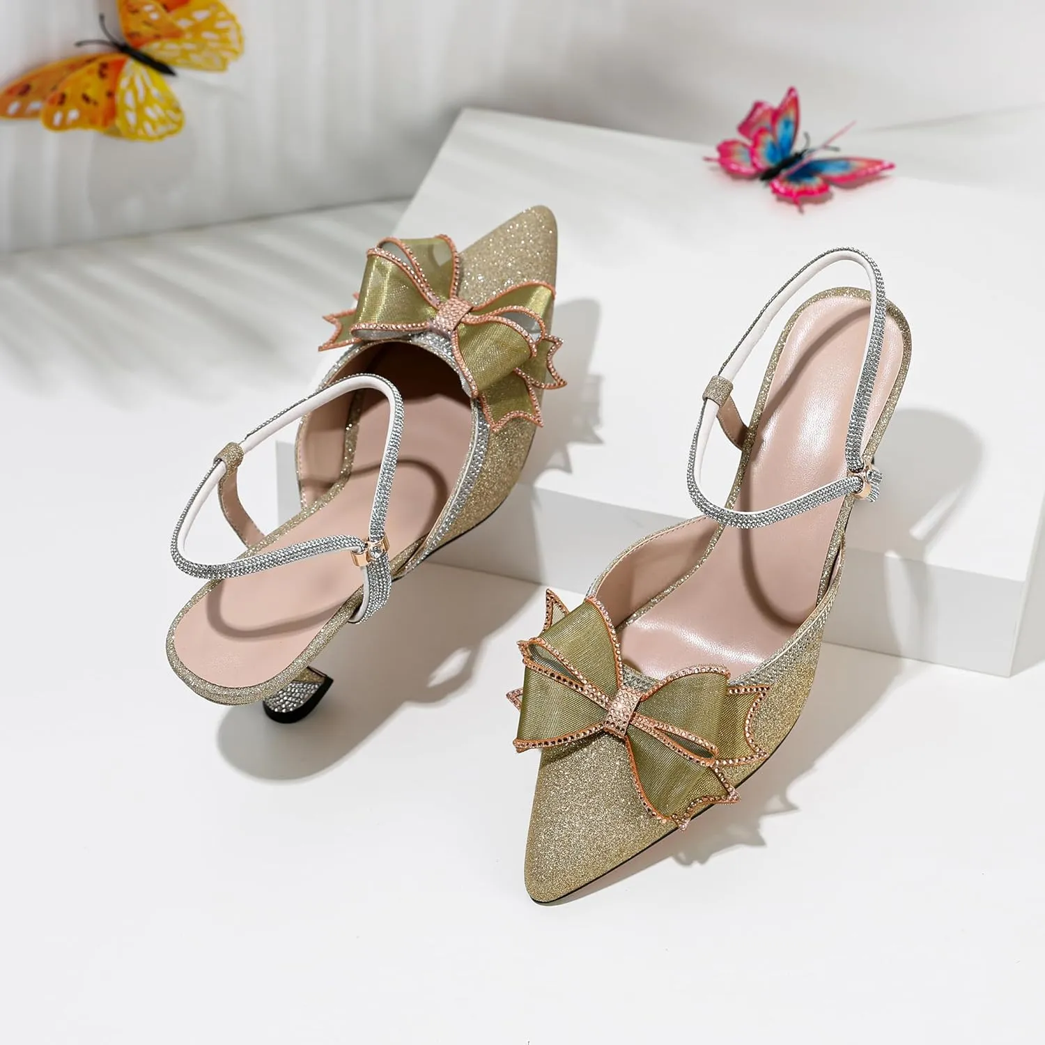 Joseywade Rhinestone Bow Heels Women Pointed Toe Low Heels Pumps Adjustable Ankle Strap Wedding Bridal Shoes