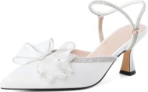Joseywade Rhinestone Bow Heels Women Pointed Toe Low Heels Pumps Adjustable Ankle Strap Wedding Bridal Shoes