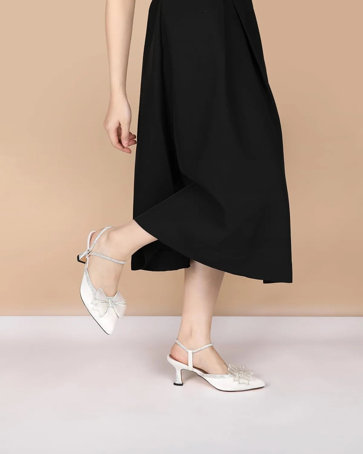 Joseywade Rhinestone Bow Heels Women Pointed Toe Low Heels Pumps Adjustable Ankle Strap Wedding Bridal Shoes