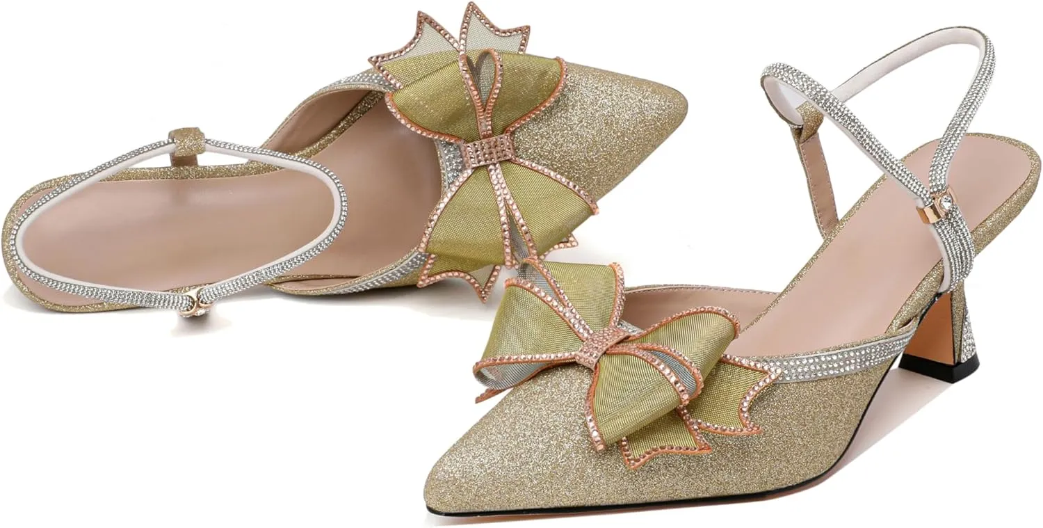 Joseywade Rhinestone Bow Heels Women Pointed Toe Low Heels Pumps Adjustable Ankle Strap Wedding Bridal Shoes
