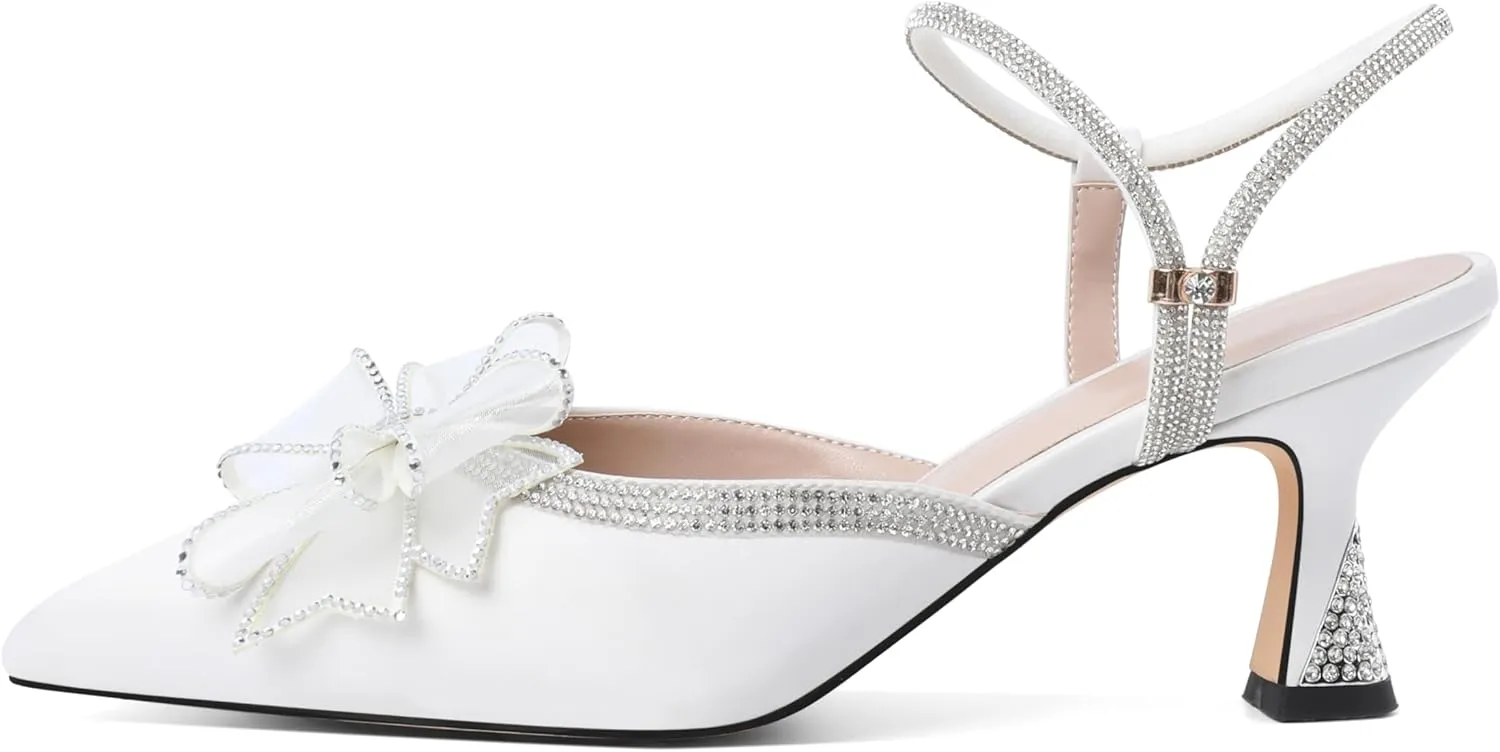 Joseywade Rhinestone Bow Heels Women Pointed Toe Low Heels Pumps Adjustable Ankle Strap Wedding Bridal Shoes