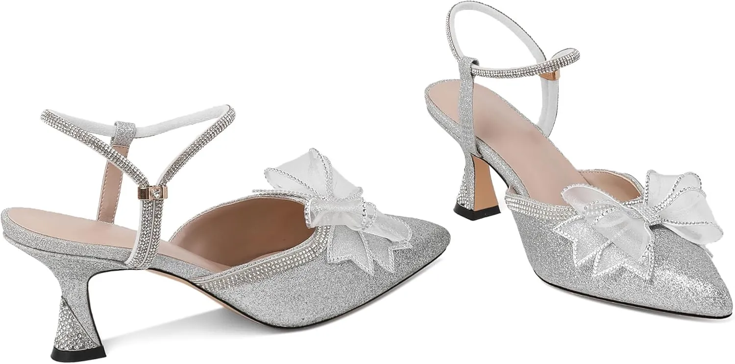 Joseywade Rhinestone Bow Heels Women Pointed Toe Low Heels Pumps Adjustable Ankle Strap Wedding Bridal Shoes
