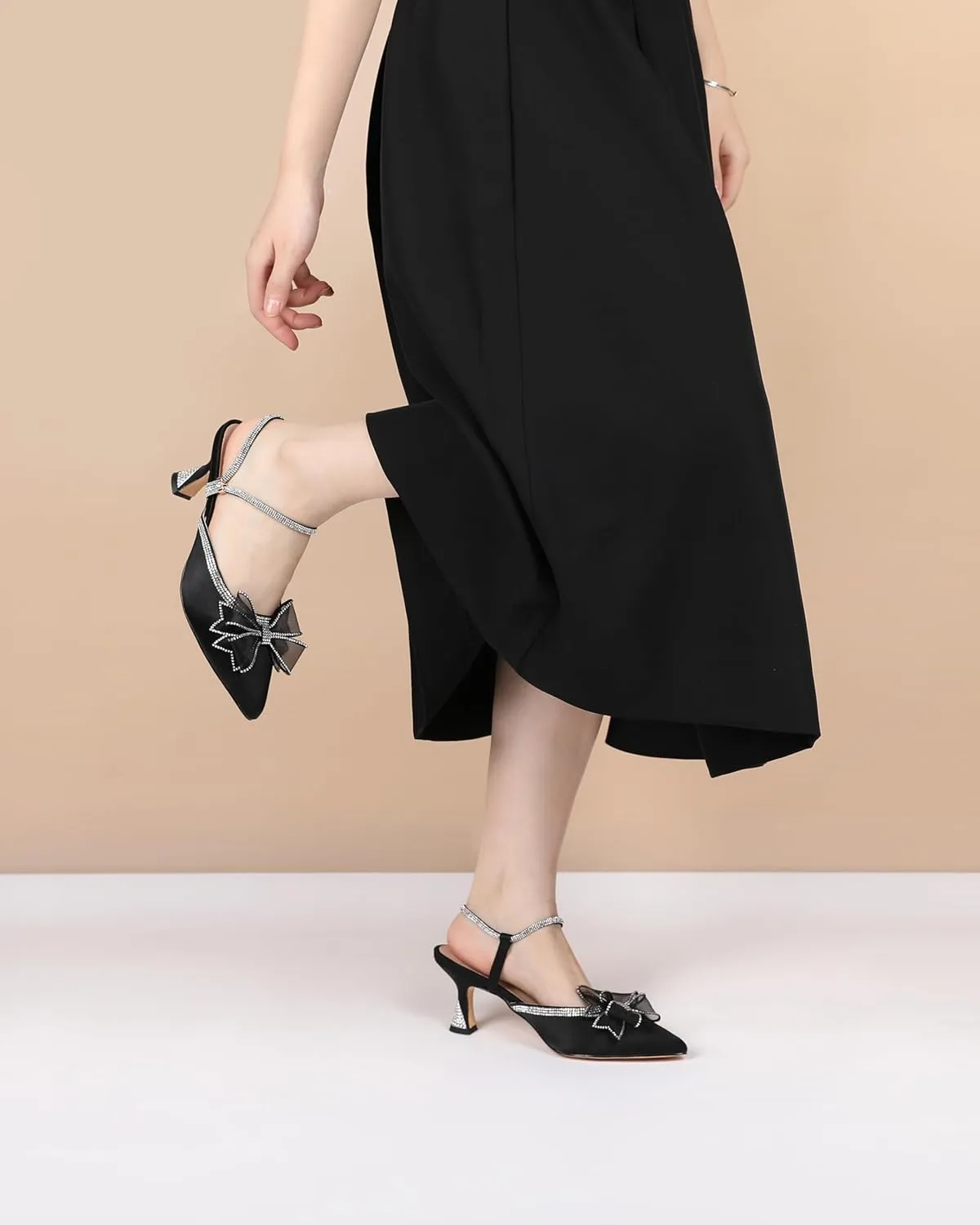 Joseywade Rhinestone Bow Heels Women Pointed Toe Low Heels Pumps Adjustable Ankle Strap Wedding Bridal Shoes