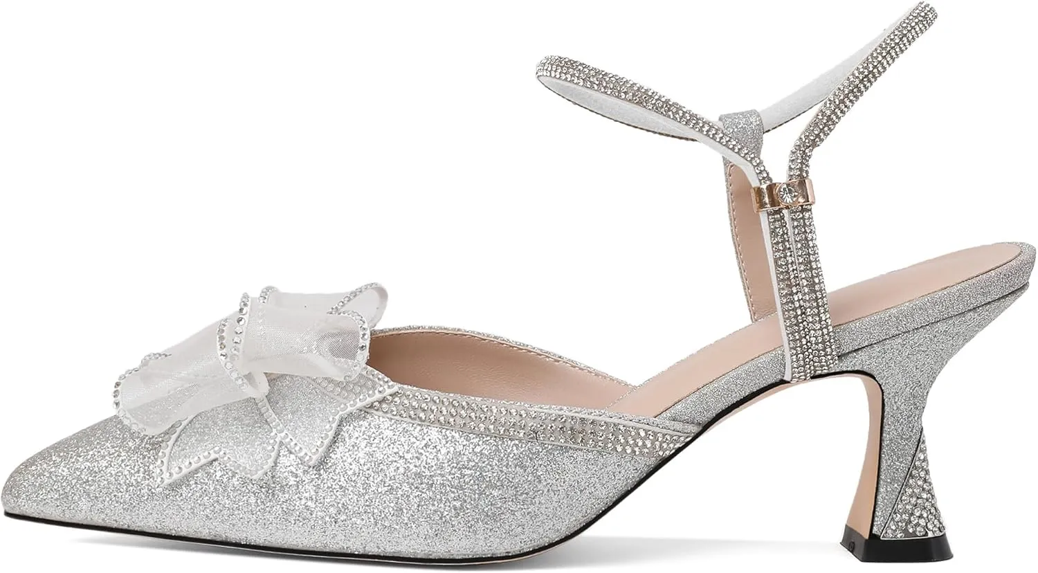 Joseywade Rhinestone Bow Heels Women Pointed Toe Low Heels Pumps Adjustable Ankle Strap Wedding Bridal Shoes
