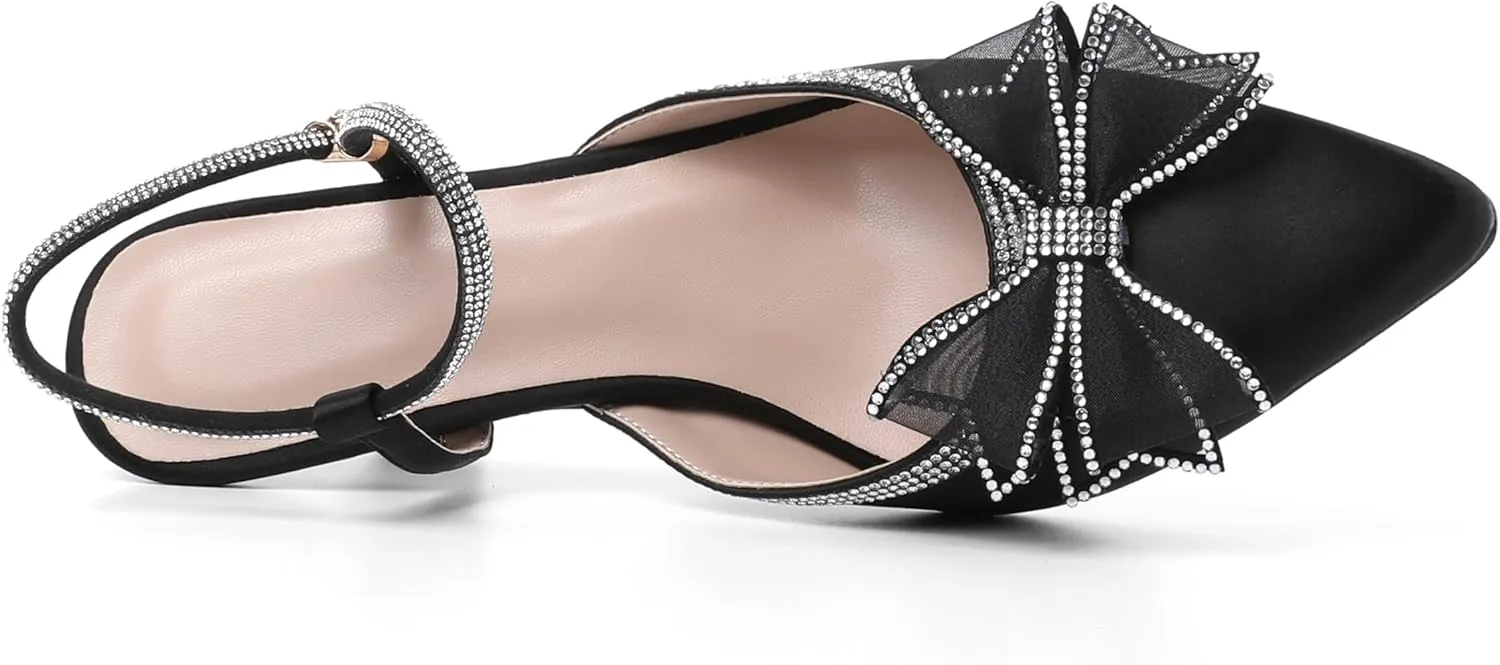Joseywade Rhinestone Bow Heels Women Pointed Toe Low Heels Pumps Adjustable Ankle Strap Wedding Bridal Shoes