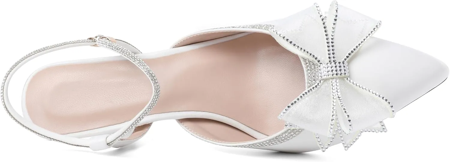 Joseywade Rhinestone Bow Heels Women Pointed Toe Low Heels Pumps Adjustable Ankle Strap Wedding Bridal Shoes