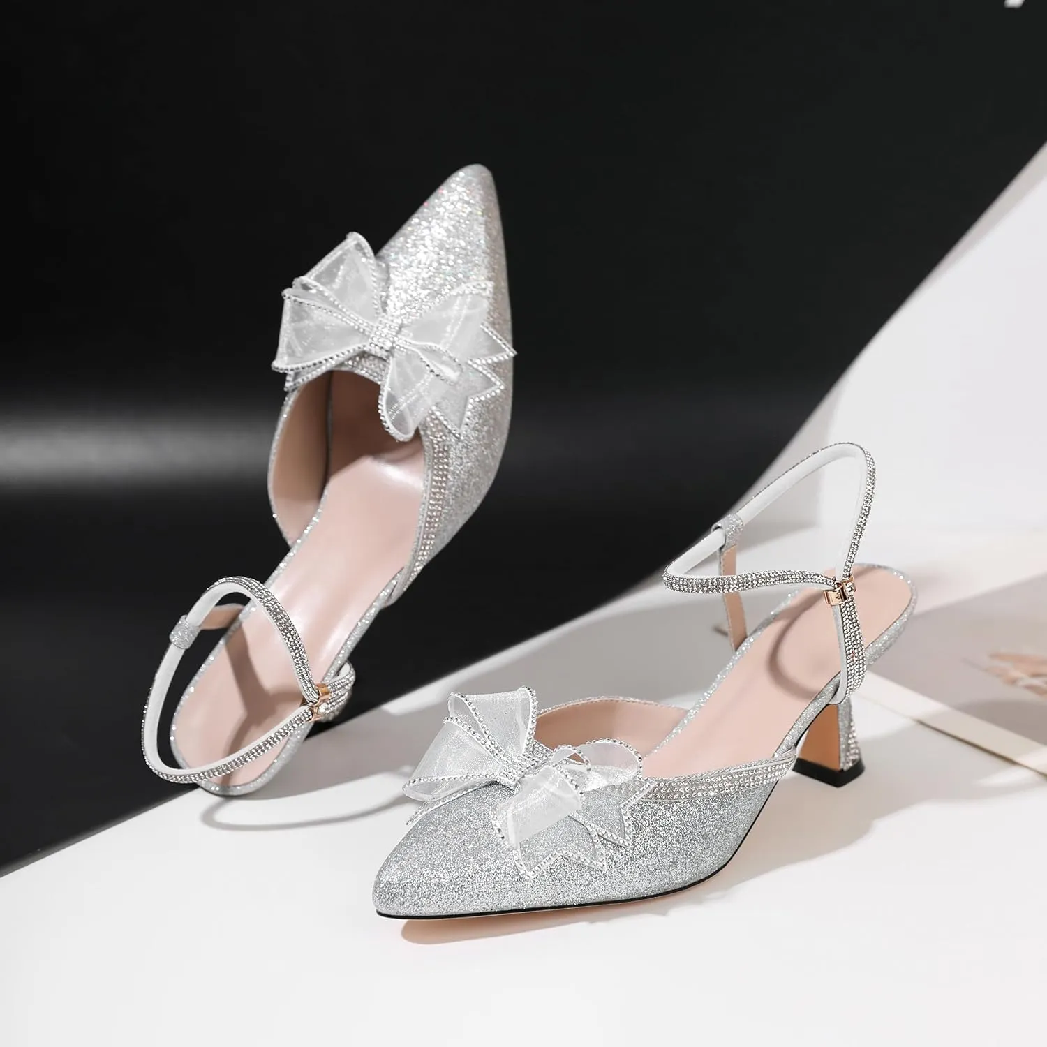 Joseywade Rhinestone Bow Heels Women Pointed Toe Low Heels Pumps Adjustable Ankle Strap Wedding Bridal Shoes