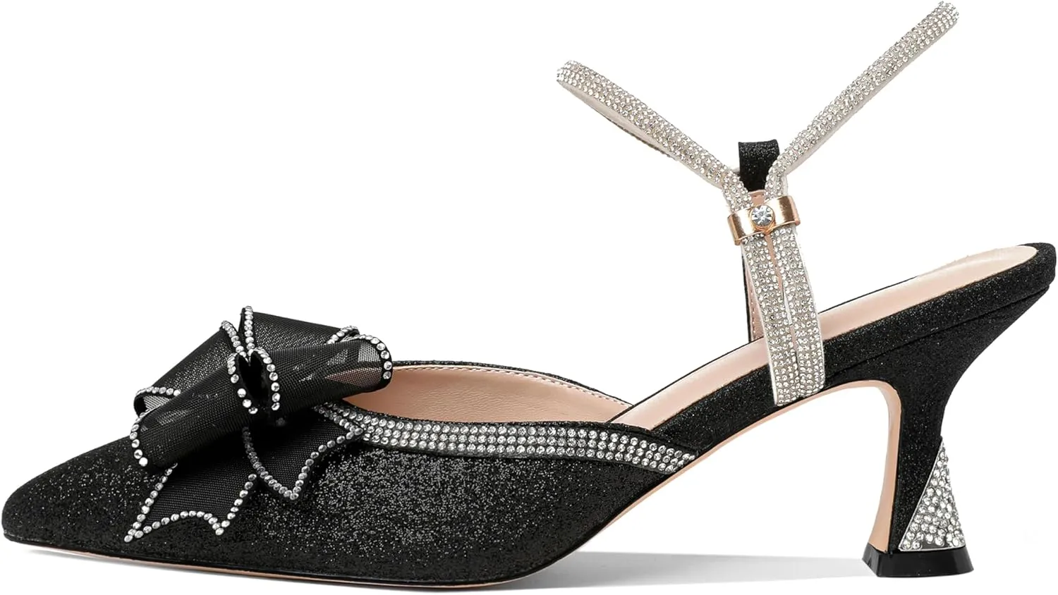 Joseywade Rhinestone Bow Heels Women Pointed Toe Low Heels Pumps Adjustable Ankle Strap Wedding Bridal Shoes