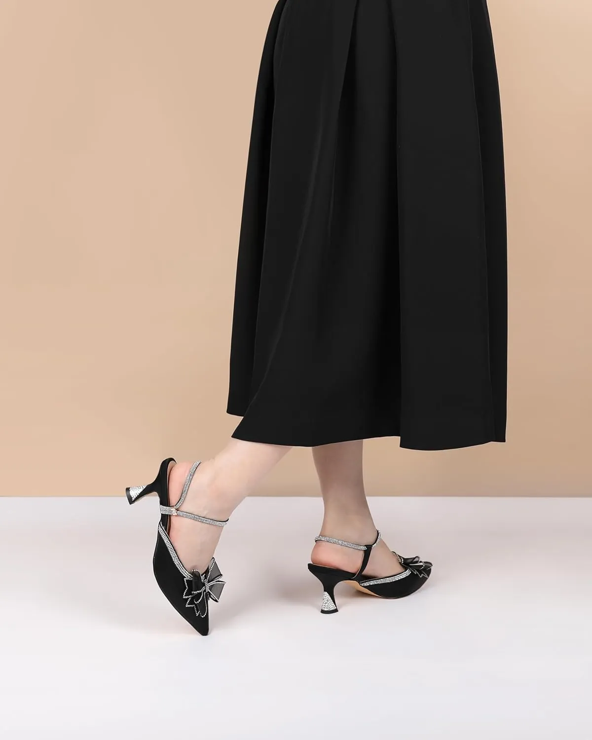 Joseywade Rhinestone Bow Heels Women Pointed Toe Low Heels Pumps Adjustable Ankle Strap Wedding Bridal Shoes