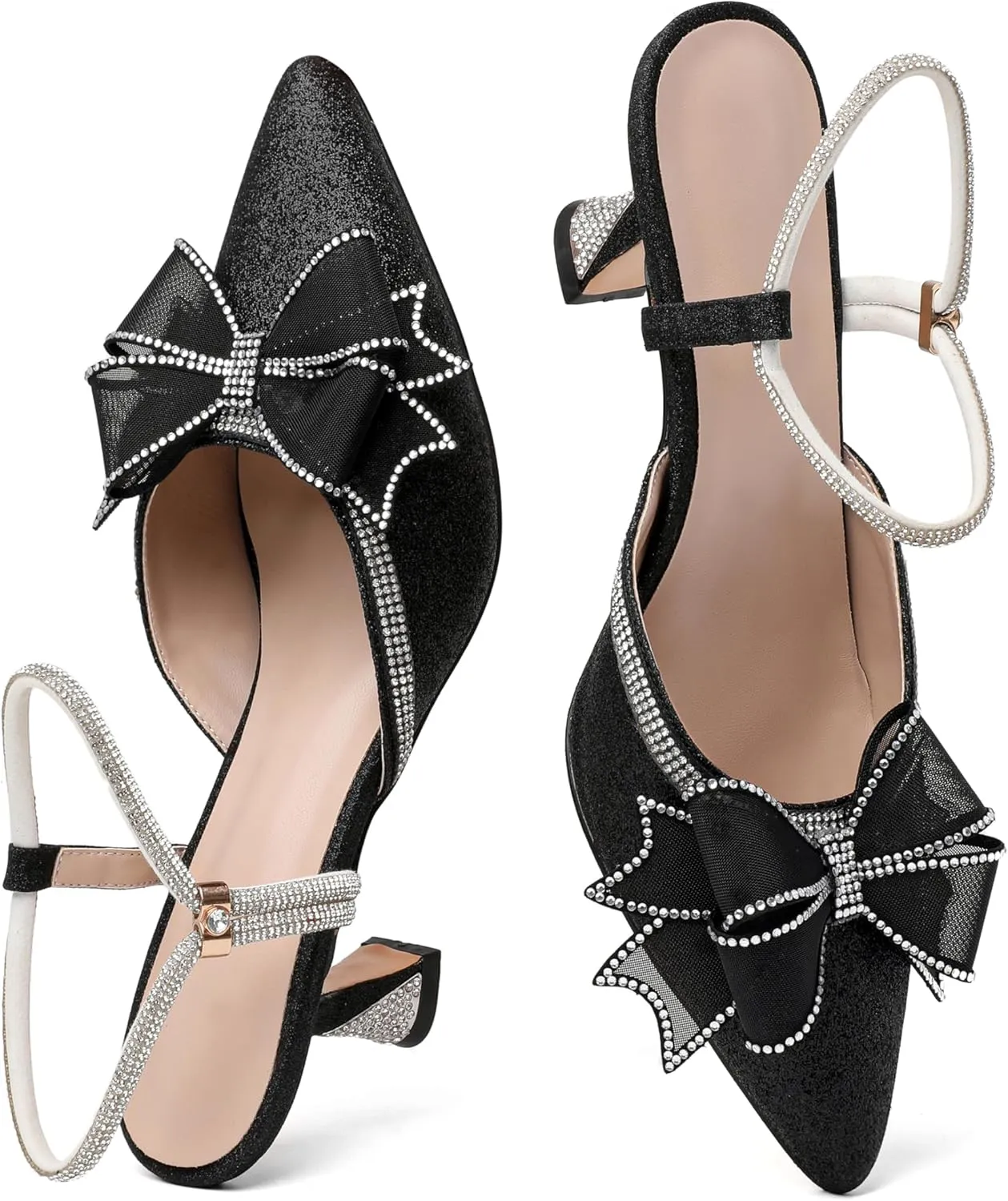Joseywade Rhinestone Bow Heels Women Pointed Toe Low Heels Pumps Adjustable Ankle Strap Wedding Bridal Shoes