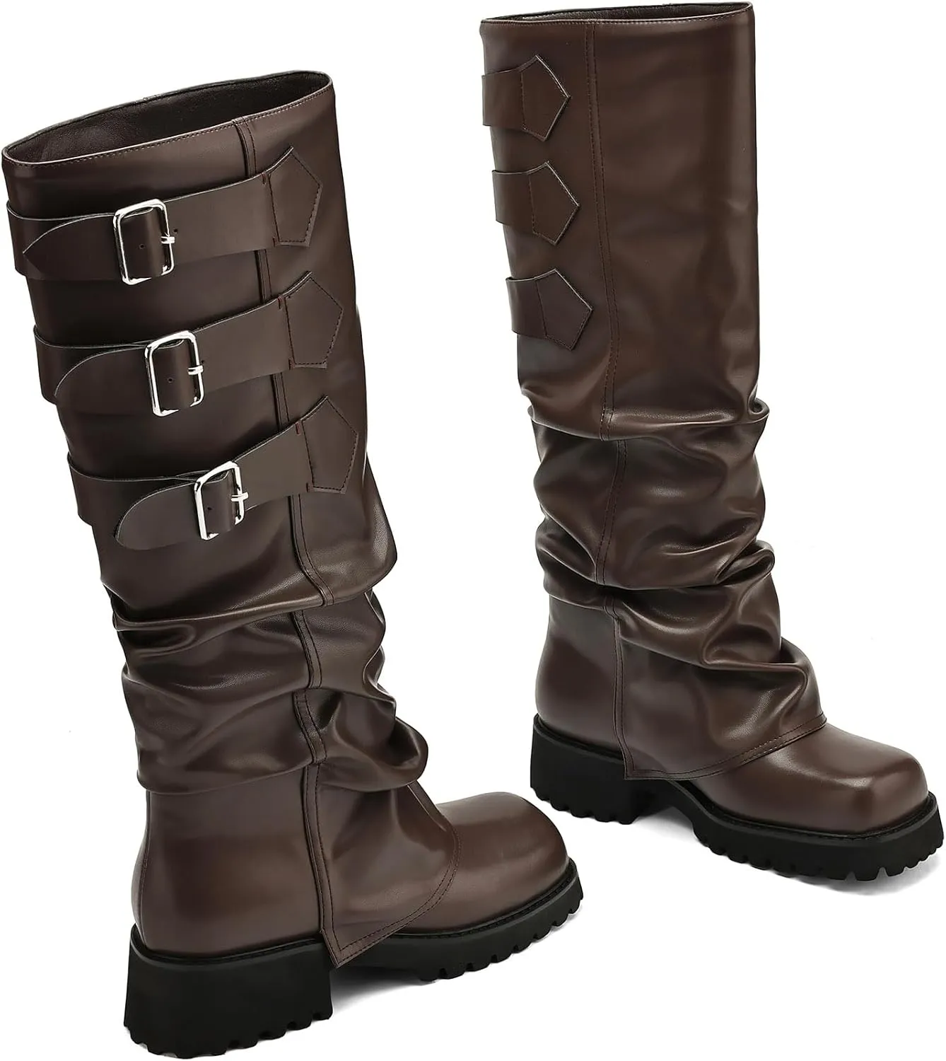 Knee High Boots for Women Fold Over Boots Slouchy Square Toe Biker Boots Platform Riding Boots Gothic Moto Buckle Boots