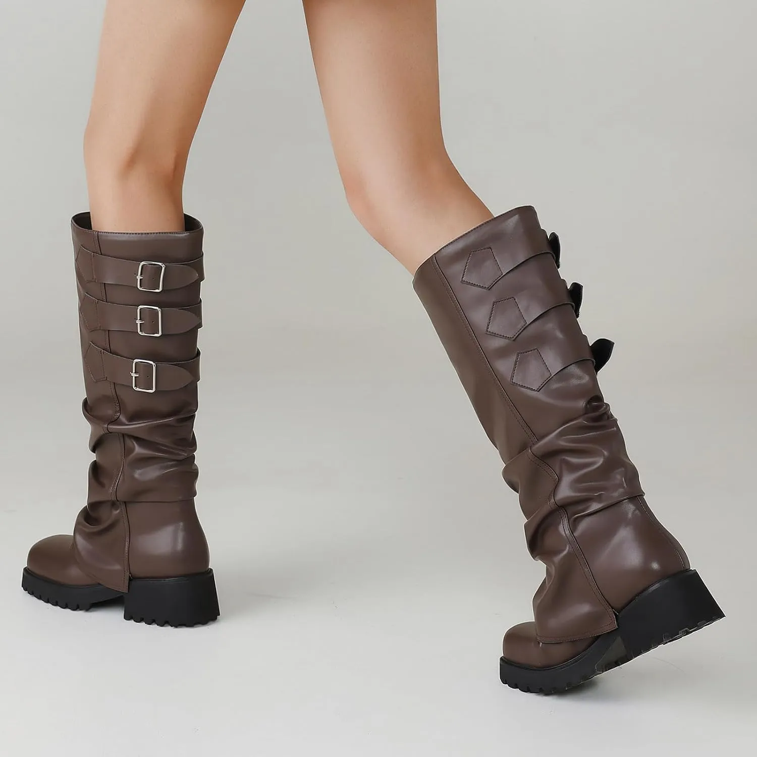 Knee High Boots for Women Fold Over Boots Slouchy Square Toe Biker Boots Platform Riding Boots Gothic Moto Buckle Boots