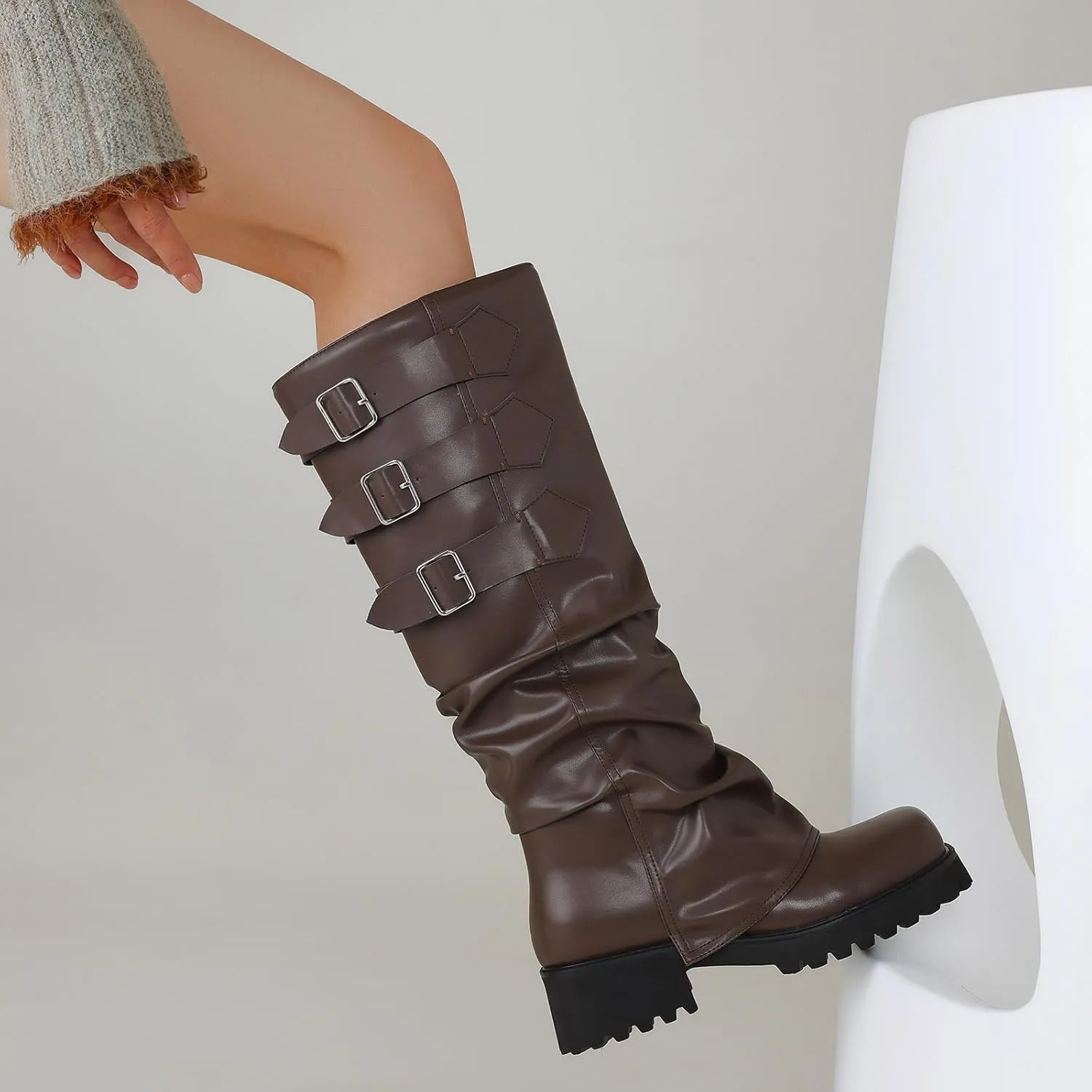 Knee High Boots for Women Fold Over Boots Slouchy Square Toe Biker Boots Platform Riding Boots Gothic Moto Buckle Boots