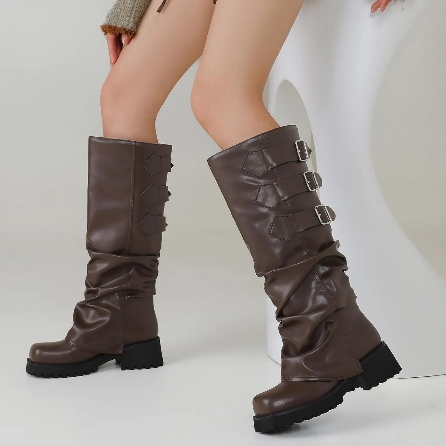 Knee High Boots for Women Fold Over Boots Slouchy Square Toe Biker Boots Platform Riding Boots Gothic Moto Buckle Boots