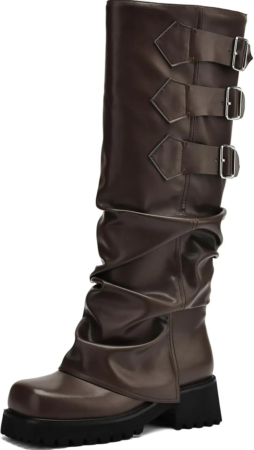 Knee High Boots for Women Fold Over Boots Slouchy Square Toe Biker Boots Platform Riding Boots Gothic Moto Buckle Boots