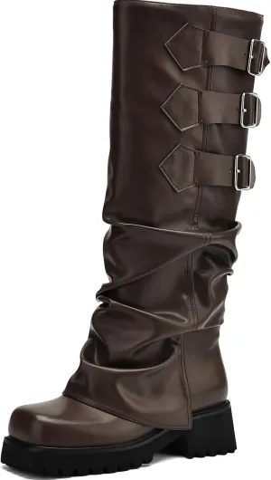 Knee High Boots for Women Fold Over Boots Slouchy Square Toe Biker Boots Platform Riding Boots Gothic Moto Buckle Boots