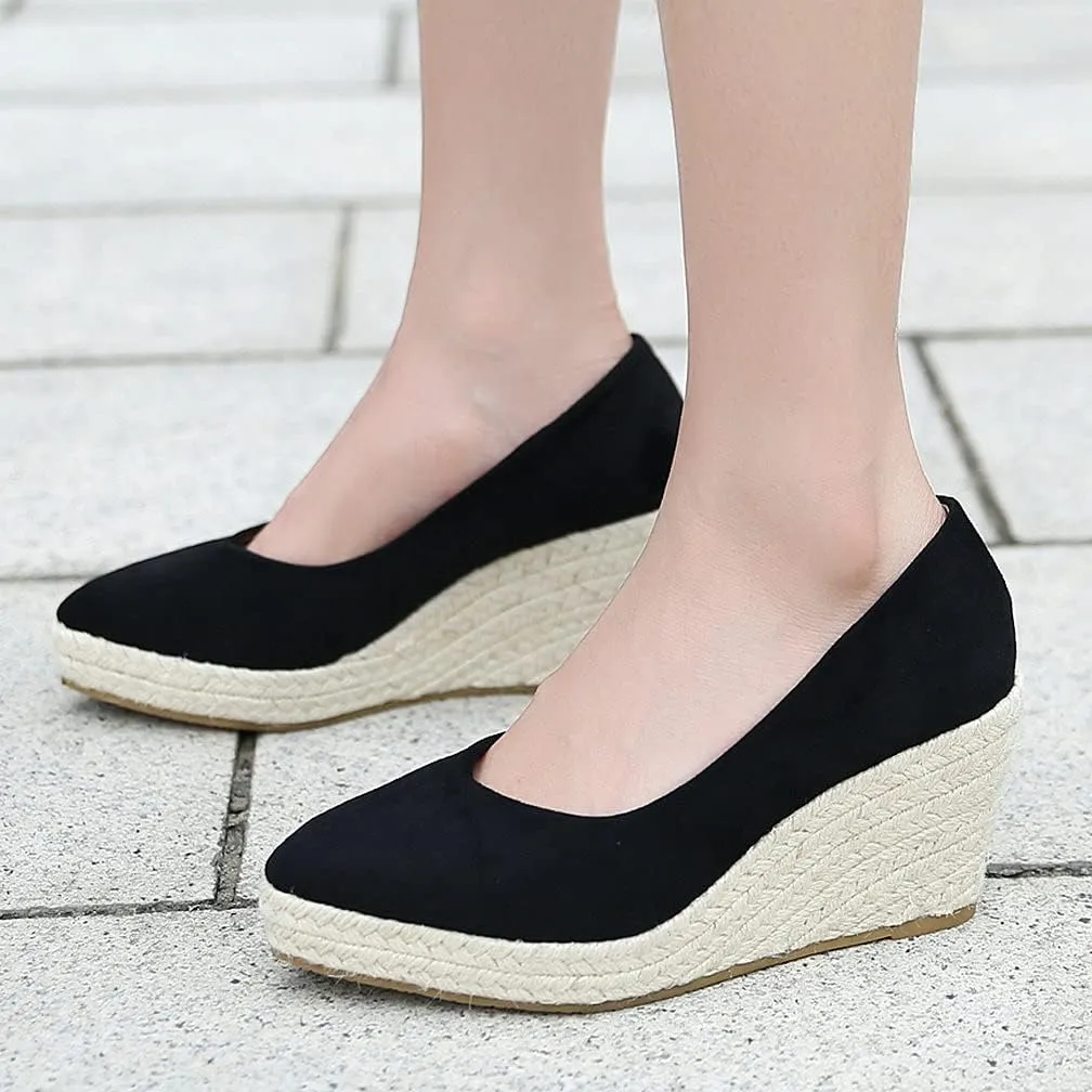 KOKOMOMO Womens Pointed Toe Espadrille Wedges Faux Suede Platform Pumps