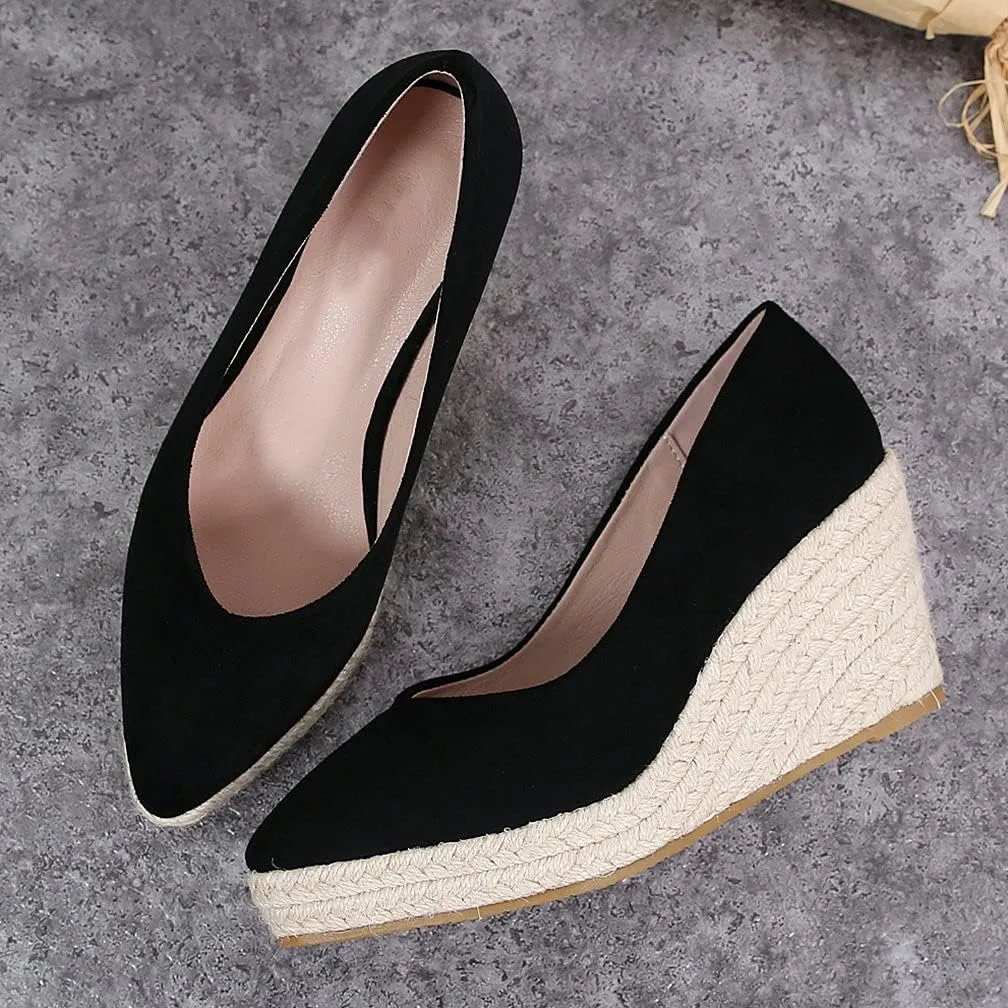 KOKOMOMO Womens Pointed Toe Espadrille Wedges Faux Suede Platform Pumps