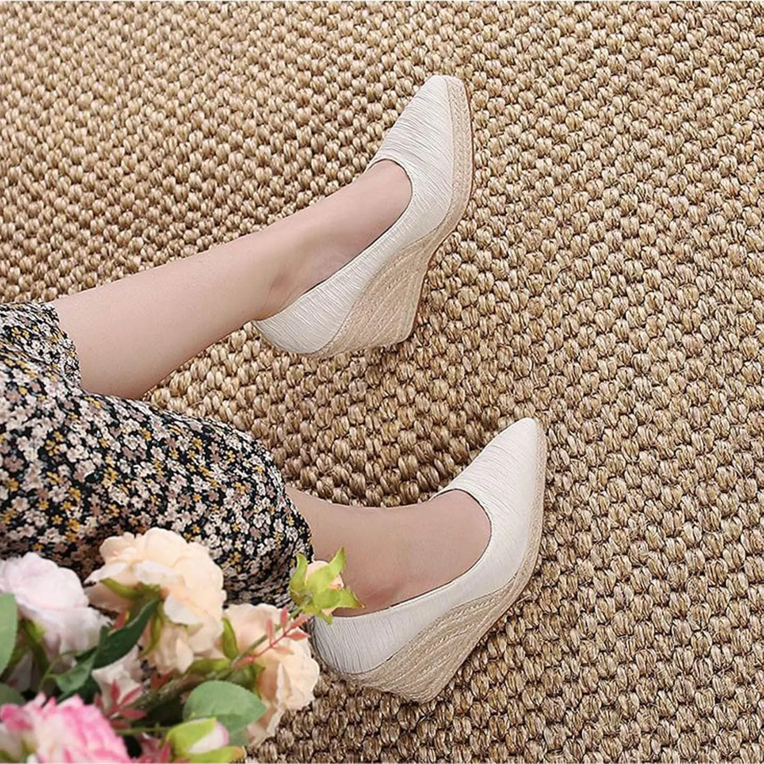 KOKOMOMO Womens Pointed Toe Espadrille Wedges Faux Suede Platform Pumps
