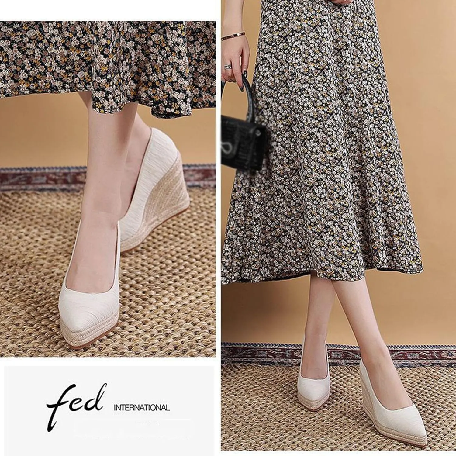 KOKOMOMO Womens Pointed Toe Espadrille Wedges Faux Suede Platform Pumps
