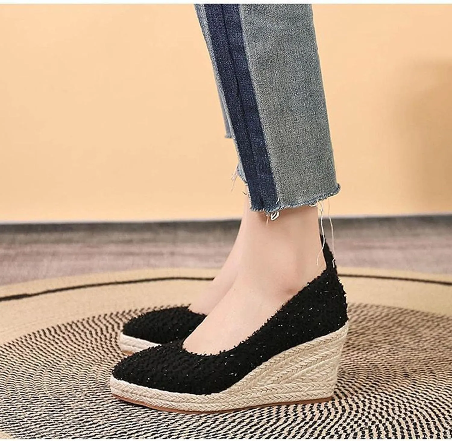KOKOMOMO Womens Pointed Toe Espadrille Wedges Faux Suede Platform Pumps