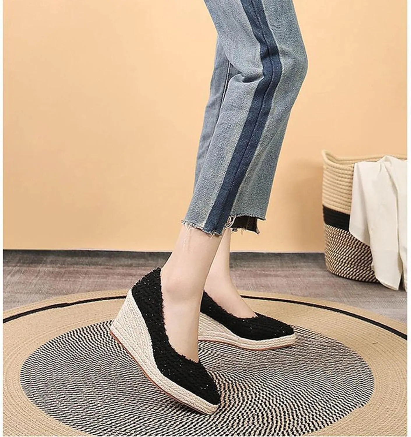 KOKOMOMO Womens Pointed Toe Espadrille Wedges Faux Suede Platform Pumps