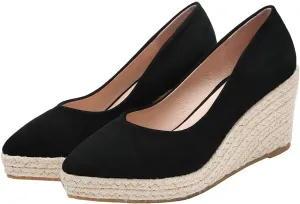 KOKOMOMO Womens Pointed Toe Espadrille Wedges Faux Suede Platform Pumps