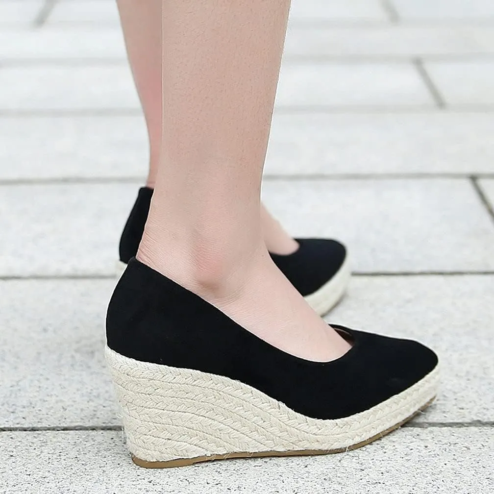 KOKOMOMO Womens Pointed Toe Espadrille Wedges Faux Suede Platform Pumps