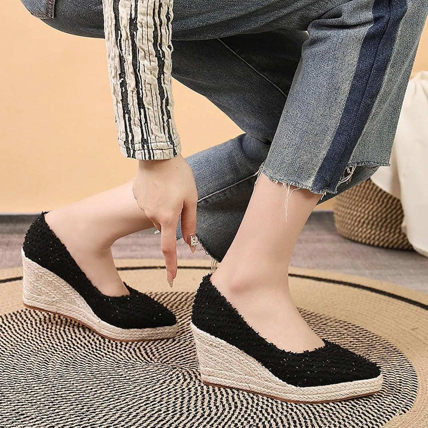 KOKOMOMO Womens Pointed Toe Espadrille Wedges Faux Suede Platform Pumps
