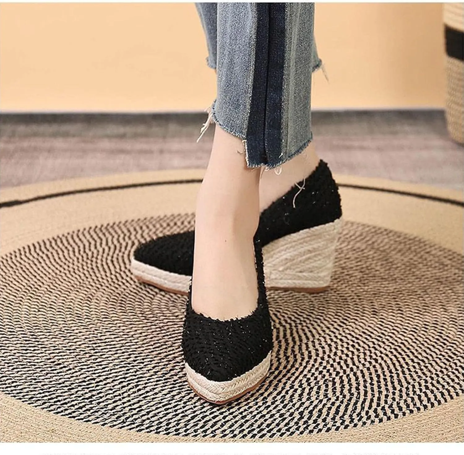 KOKOMOMO Womens Pointed Toe Espadrille Wedges Faux Suede Platform Pumps