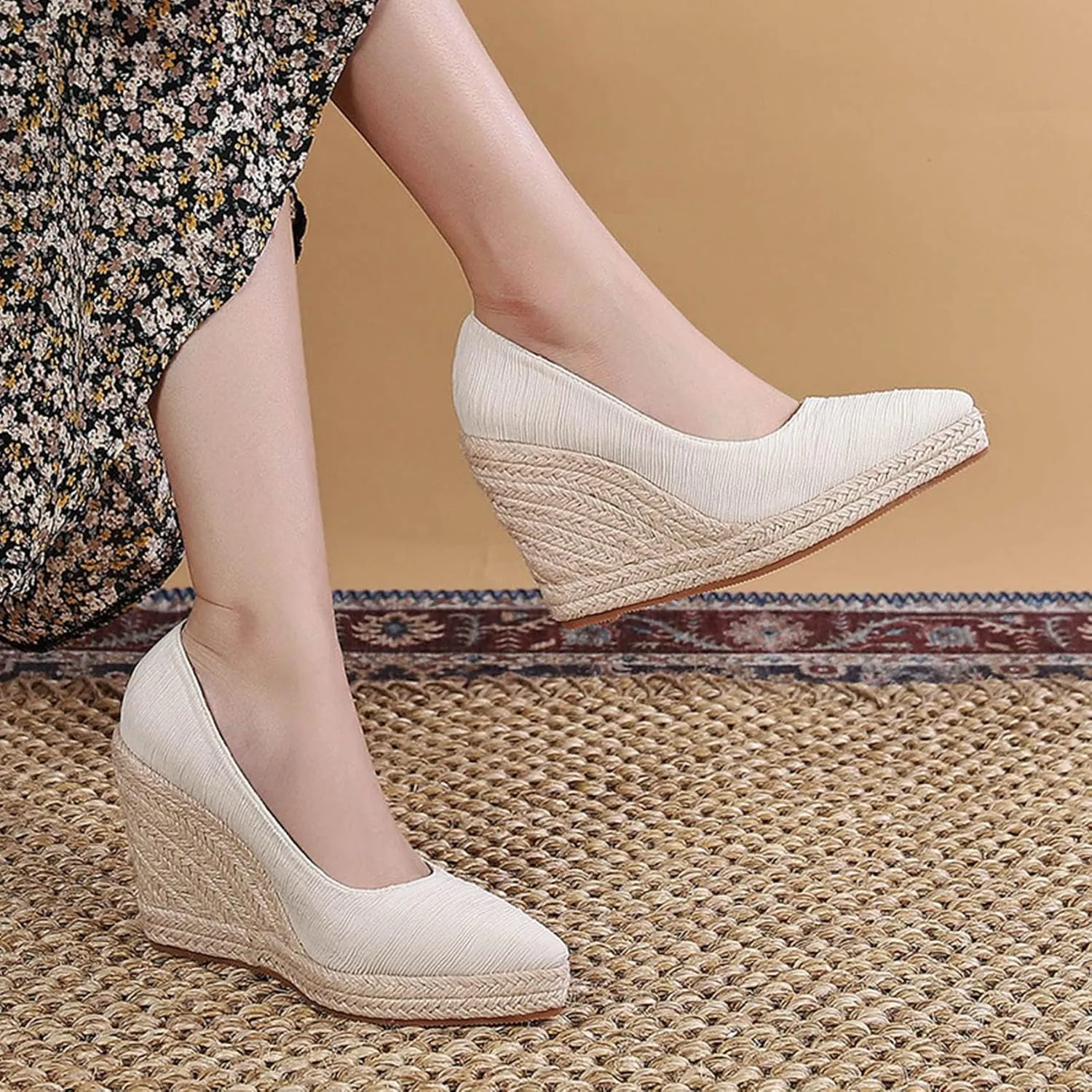 KOKOMOMO Womens Pointed Toe Espadrille Wedges Faux Suede Platform Pumps