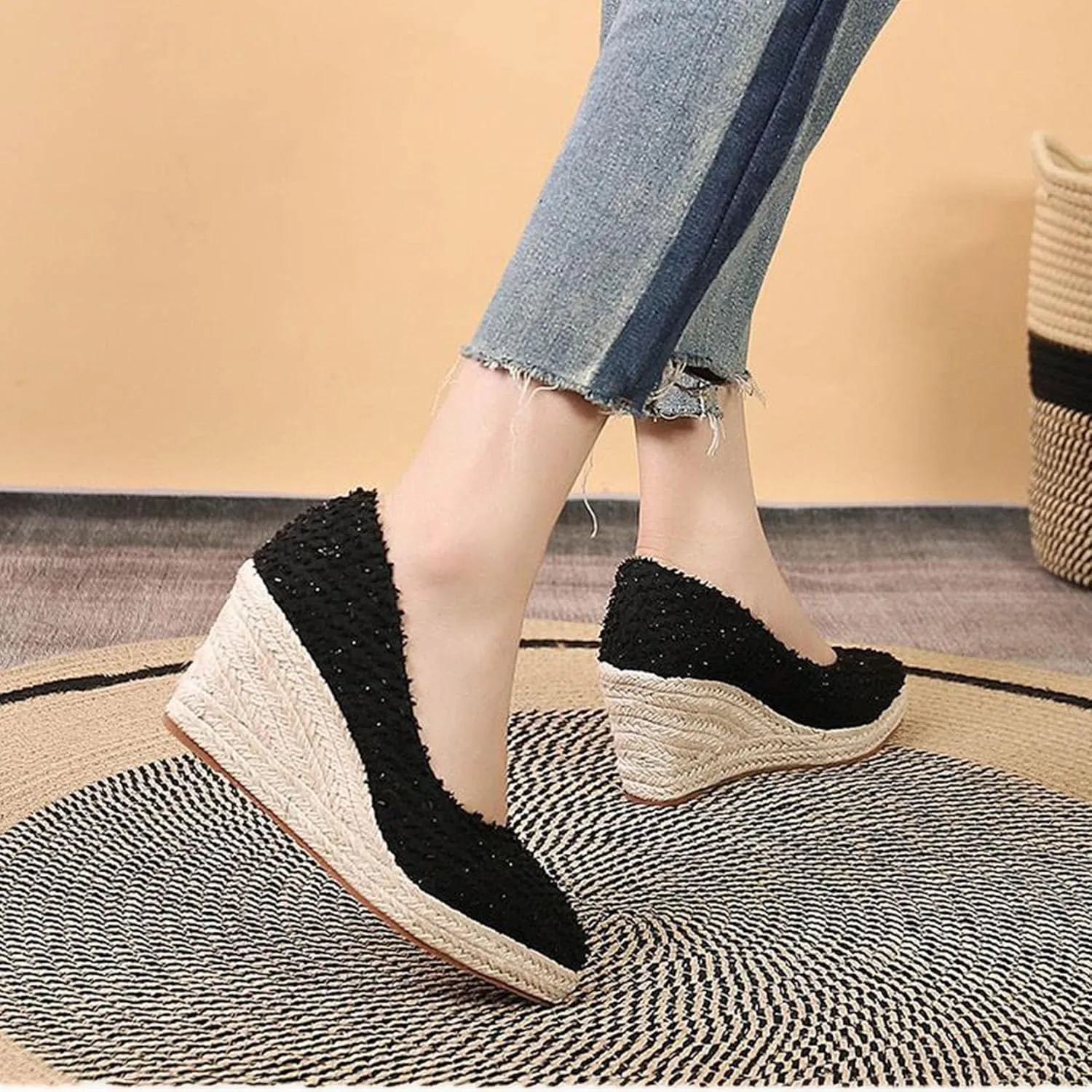 KOKOMOMO Womens Pointed Toe Espadrille Wedges Faux Suede Platform Pumps