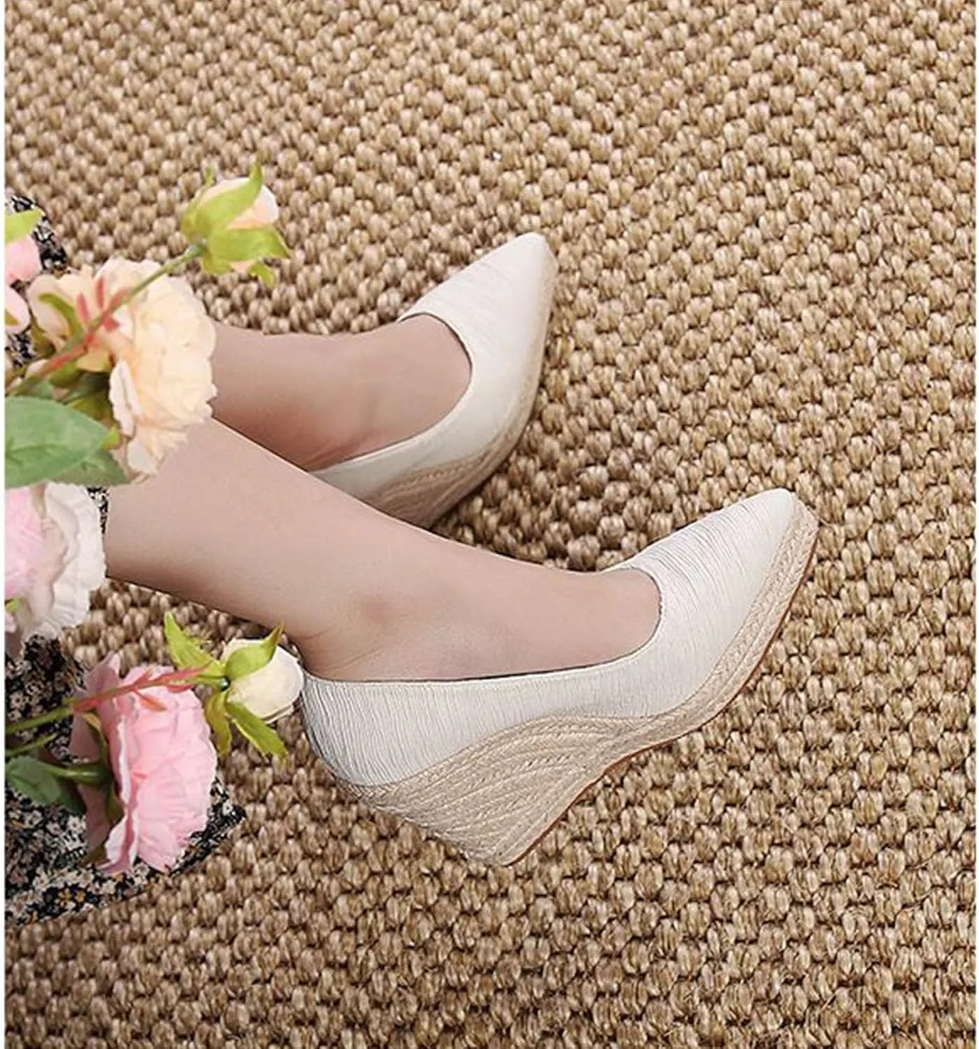 KOKOMOMO Womens Pointed Toe Espadrille Wedges Faux Suede Platform Pumps