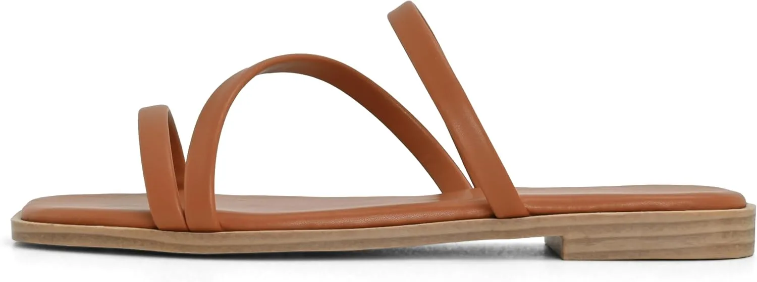 LACUONE Strappy Flat Sandals For Women Slip On Square Open Toe Slides Sandals