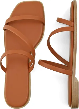 LACUONE Strappy Flat Sandals For Women Slip On Square Open Toe Slides Sandals