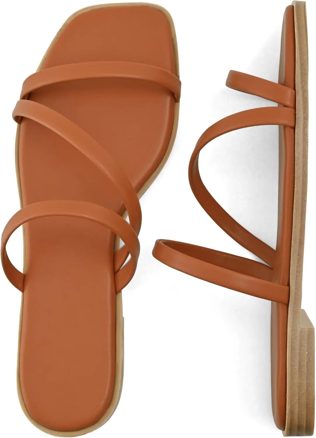 LACUONE Strappy Flat Sandals For Women Slip On Square Open Toe Slides Sandals