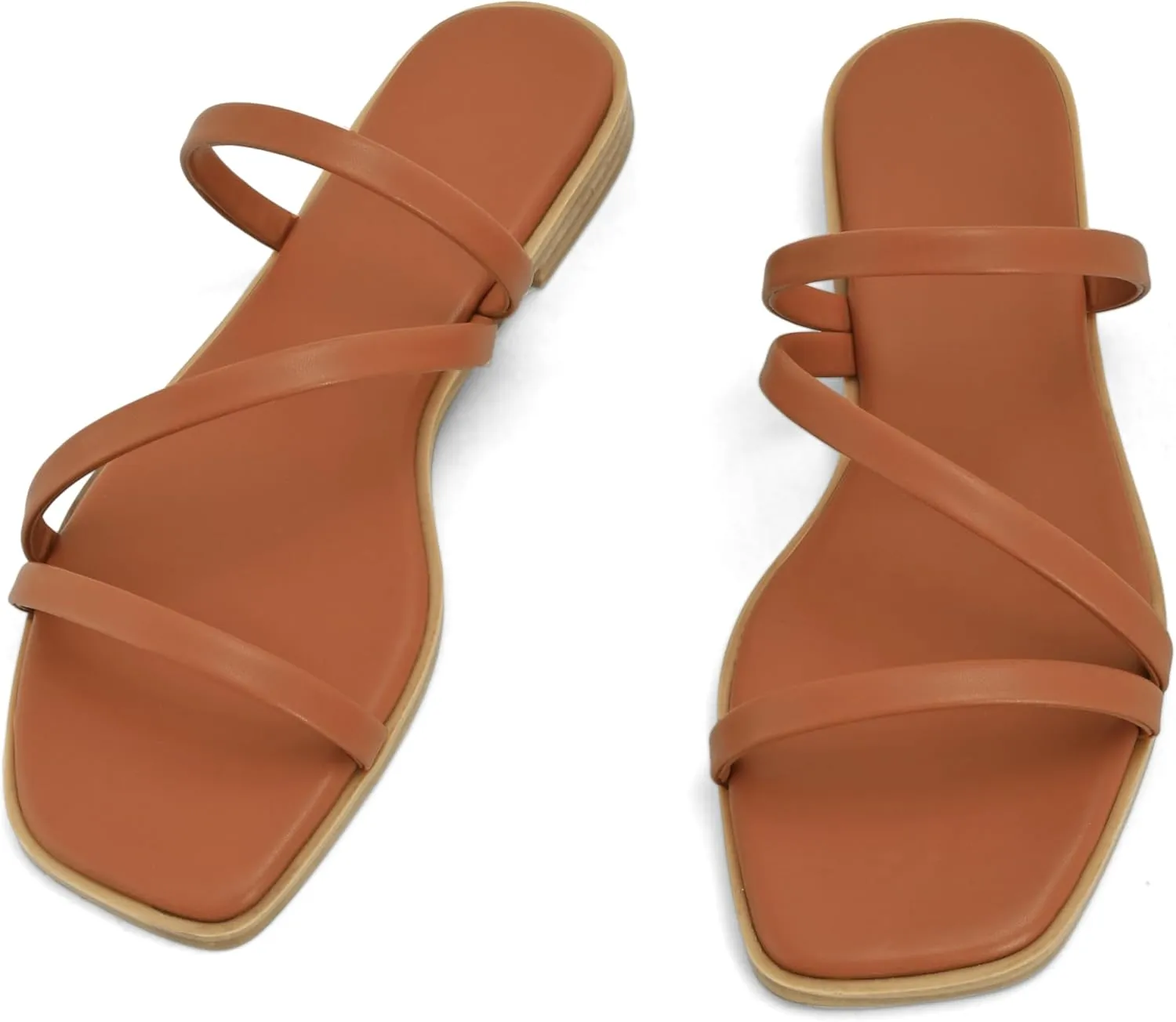LACUONE Strappy Flat Sandals For Women Slip On Square Open Toe Slides Sandals