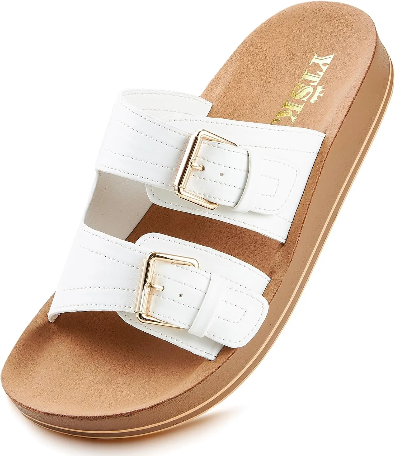 Leather Flat Sandals Beach Essentials Womens Sandals with Adjustable Buckle Memory Foam Vacation Slides for Women Footwear