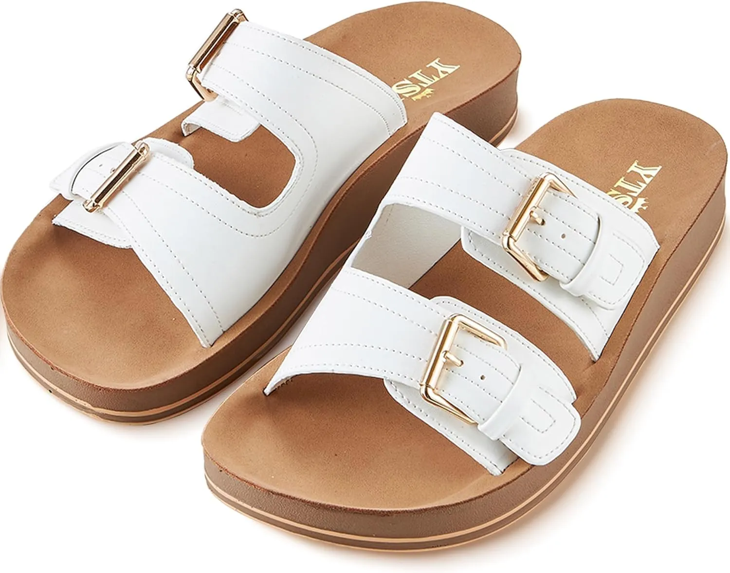 Leather Flat Sandals Beach Essentials Womens Sandals with Adjustable Buckle Memory Foam Vacation Slides for Women Footwear