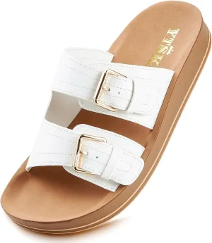 Leather Flat Sandals Beach Essentials Womens Sandals with Adjustable Buckle Memory Foam Vacation Slides for Women Footwear