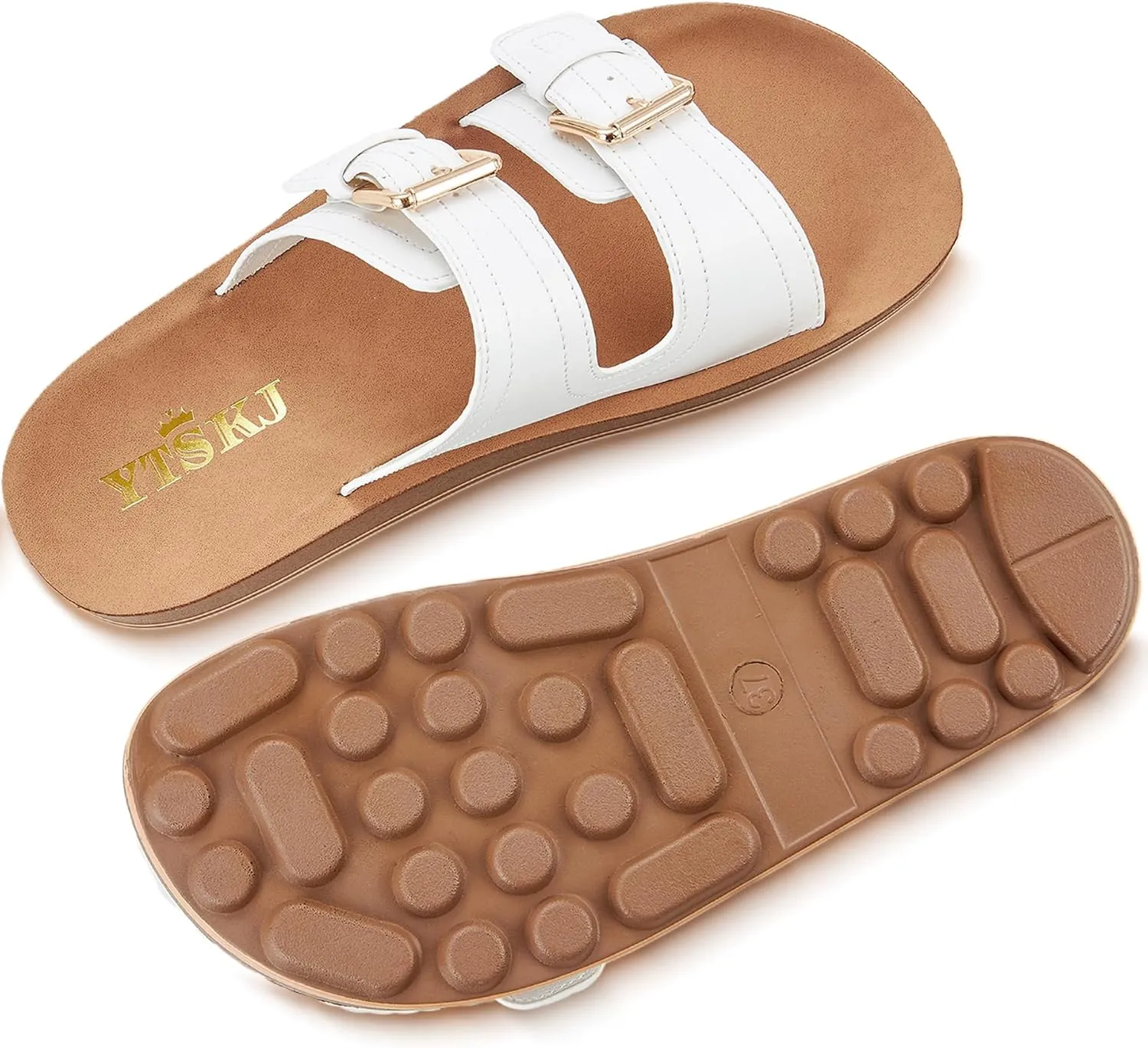 Leather Flat Sandals Beach Essentials Womens Sandals with Adjustable Buckle Memory Foam Vacation Slides for Women Footwear