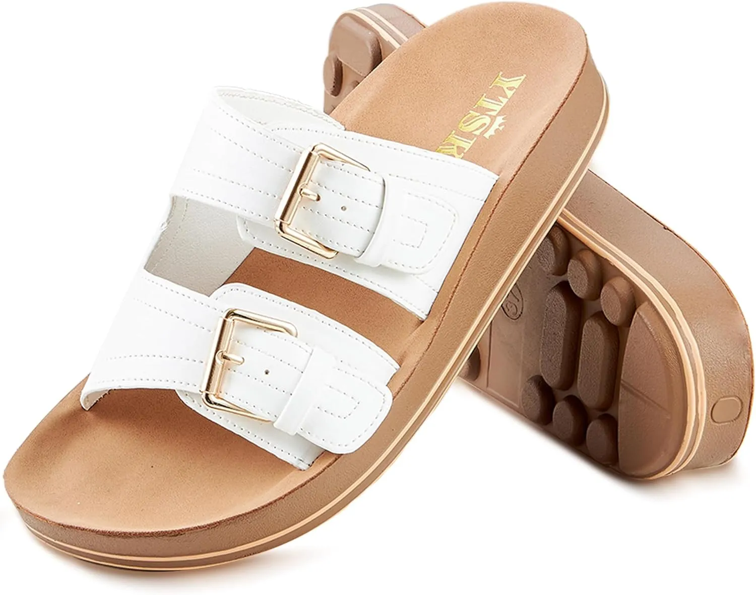 Leather Flat Sandals Beach Essentials Womens Sandals with Adjustable Buckle Memory Foam Vacation Slides for Women Footwear