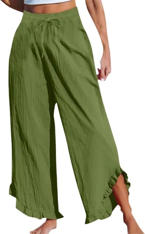 Lightweight Linen Casual Pants for Women Oversized Stretch Drawstring Ruffle Hem Trouser Beach Boho Casual Sweatpants