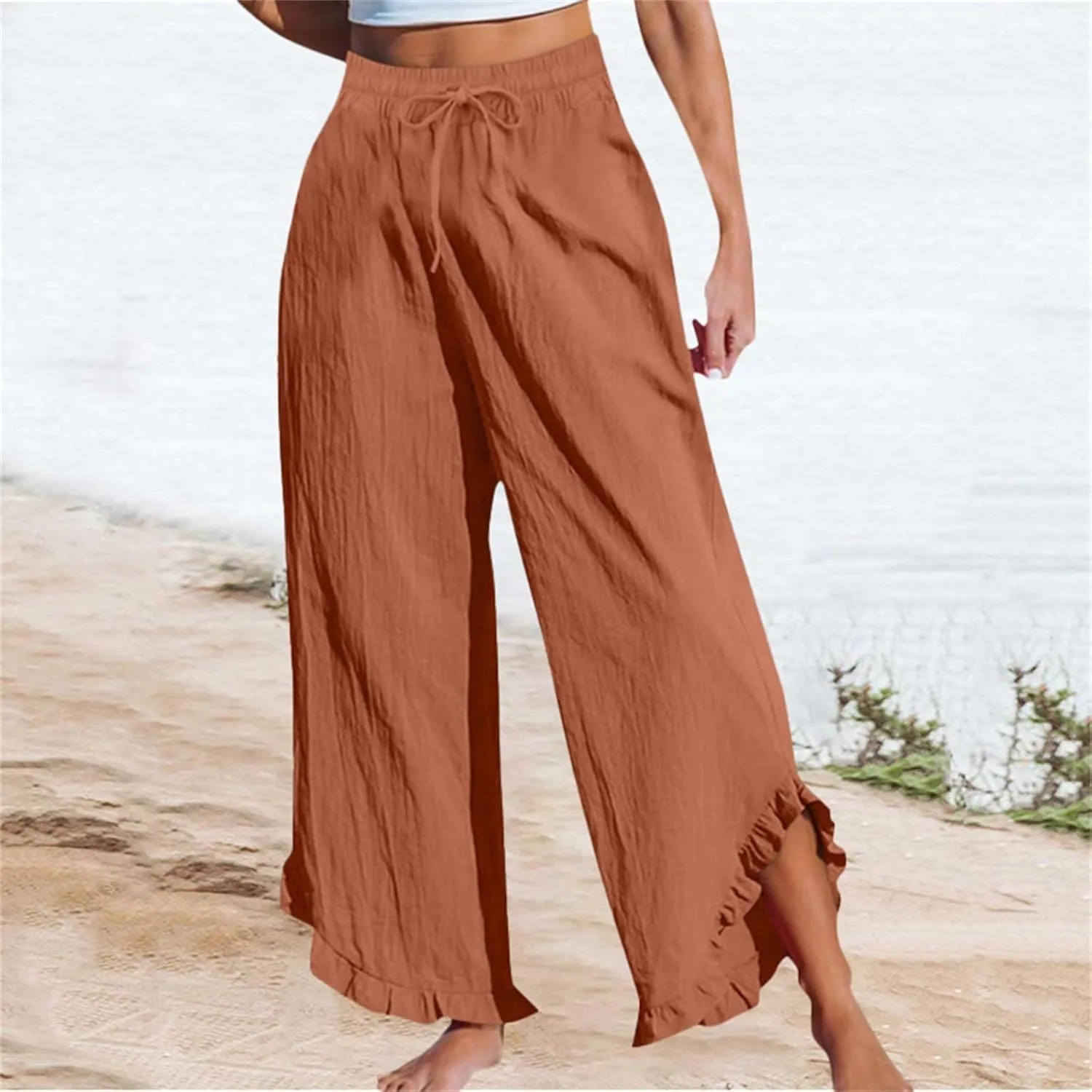Lightweight Linen Casual Pants for Women Oversized Stretch Drawstring Ruffle Hem Trouser Beach Boho Casual Sweatpants