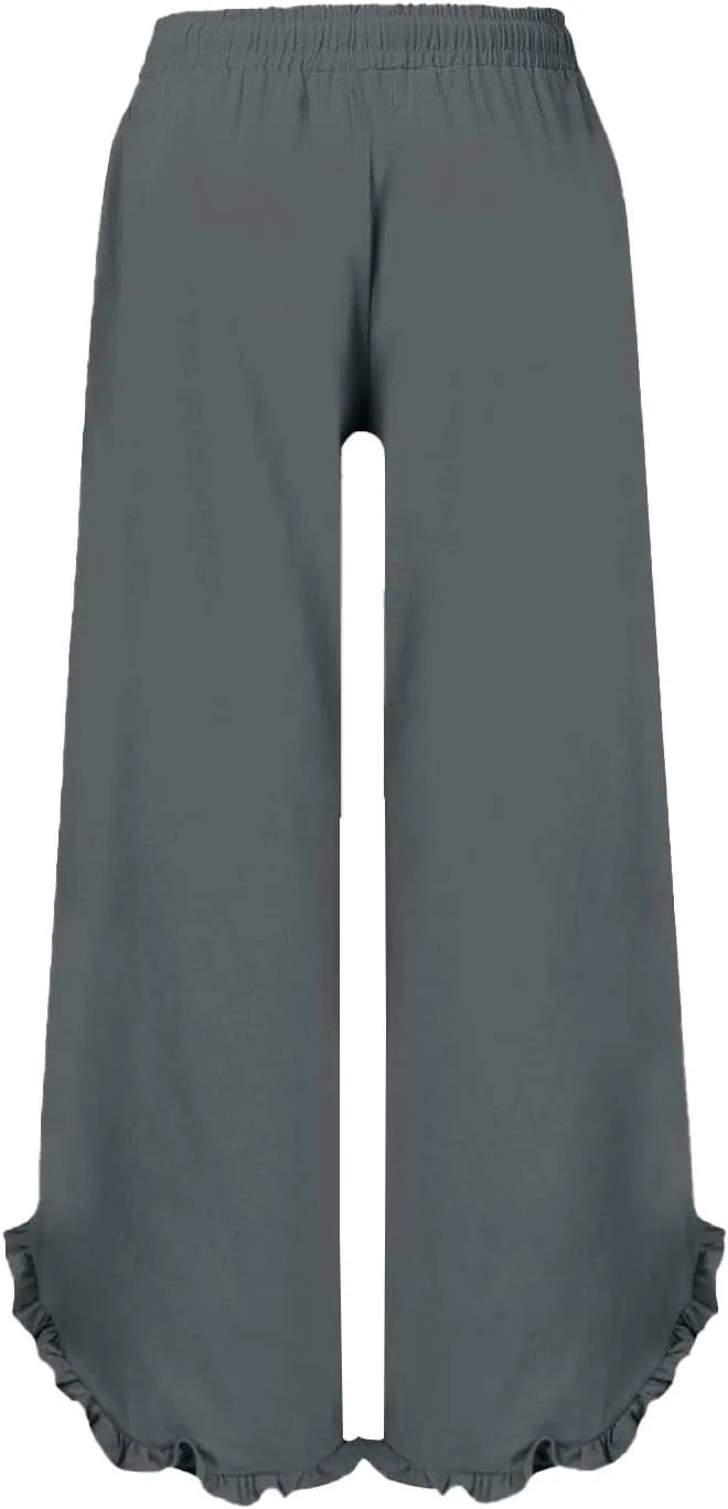 Lightweight Linen Casual Pants for Women Oversized Stretch Drawstring Ruffle Hem Trouser Beach Boho Casual Sweatpants