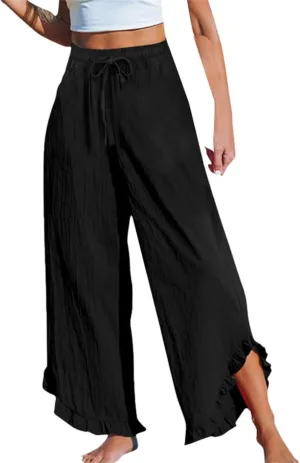 Lightweight Linen Casual Pants for Women Oversized Stretch Drawstring Ruffle Hem Trouser Beach Boho Casual Sweatpants