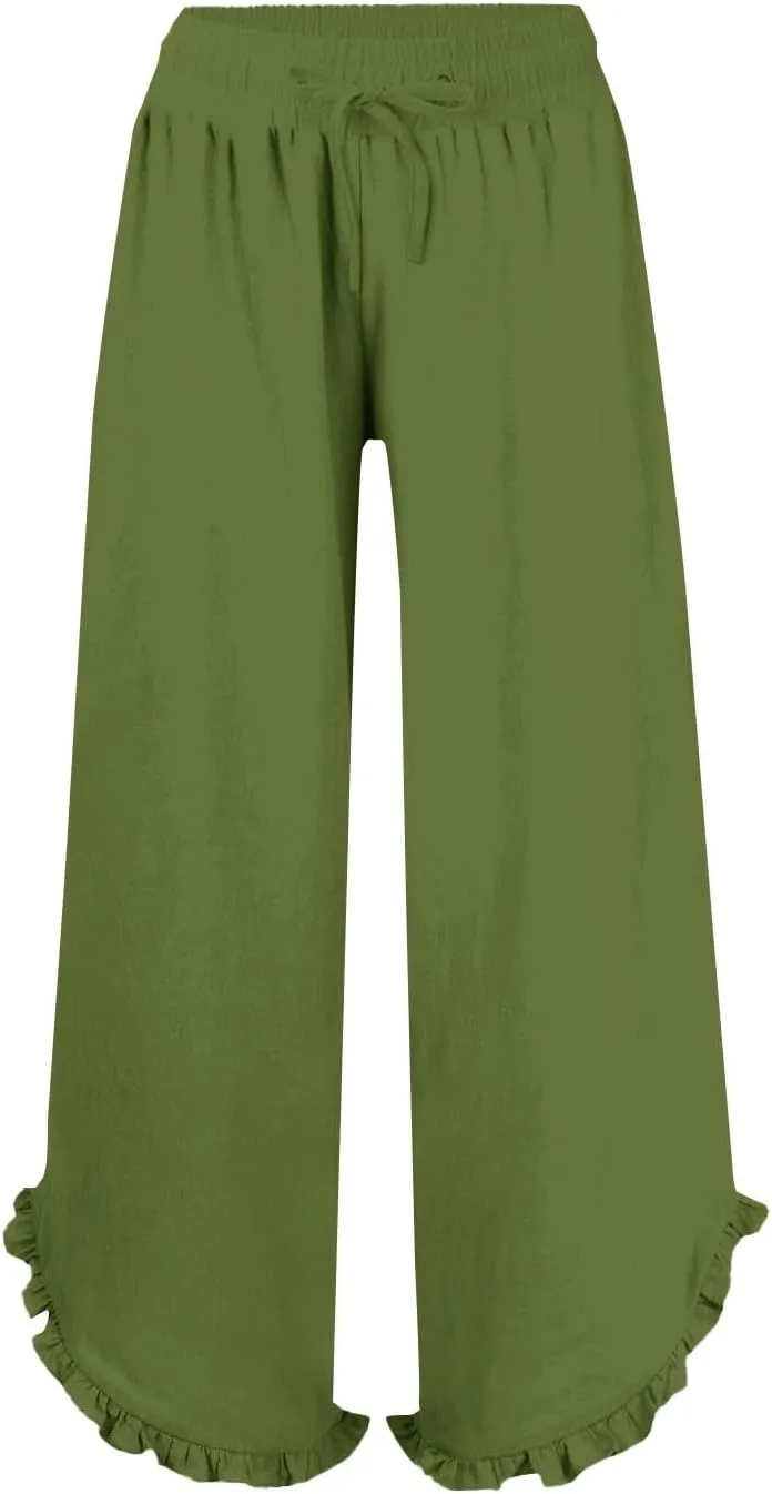 Lightweight Linen Casual Pants for Women Oversized Stretch Drawstring Ruffle Hem Trouser Beach Boho Casual Sweatpants
