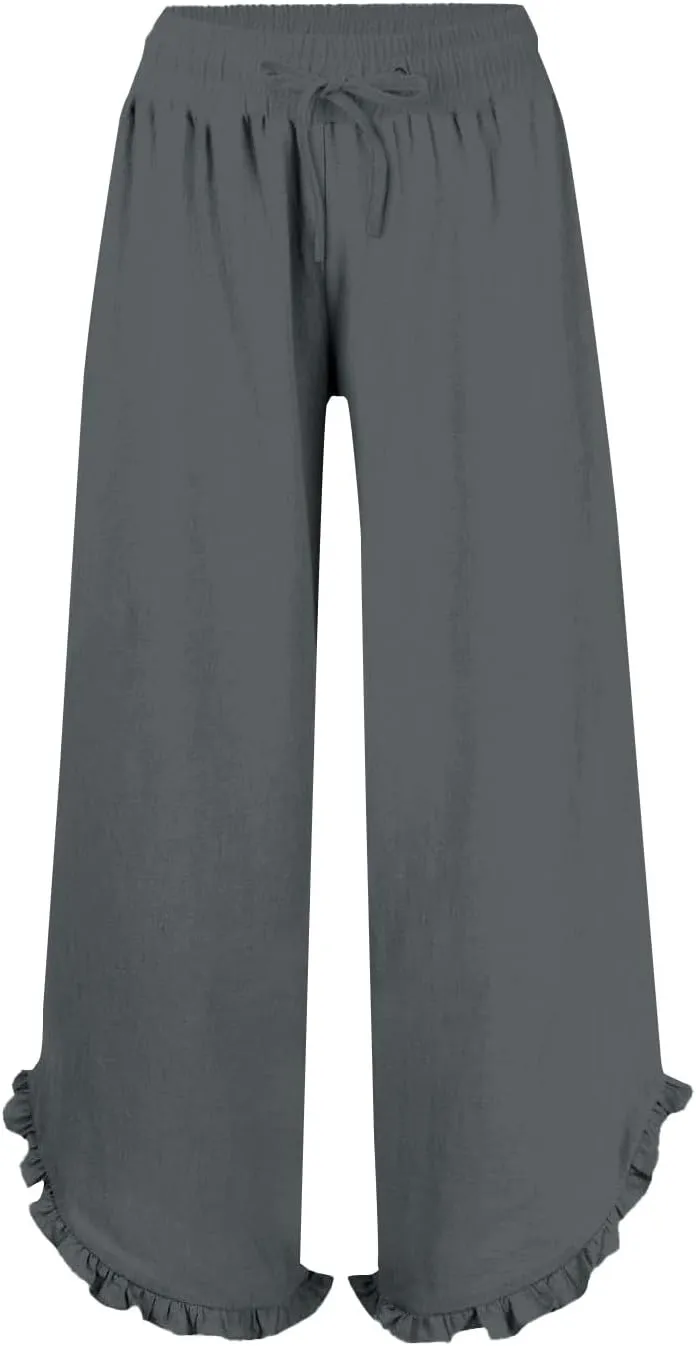 Lightweight Linen Casual Pants for Women Oversized Stretch Drawstring Ruffle Hem Trouser Beach Boho Casual Sweatpants